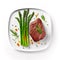 Grilled beef steaks medium rare with spices on white dish Created with Generative AI technology