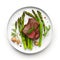 Grilled beef steaks medium rare with spices on white dish Created with Generative AI technology