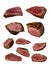 Grilled beef steaks in various kinds, collection on white background