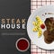Grilled beef, t-bone steak and spices with red wine on dark background