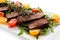 Grilled beefsteak with vegetables on white background