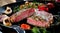 Grilled Black Angus Steak Striploin on frying cast iron Grill pan on dark background.