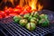 grilled brussel sprouts in a bbq basket with smoke wafting upwards