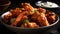 Grilled buffalo chicken wings with savory sauce, a gourmet appetizer generated by AI