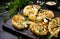 Grilled cauliflower steaks with greens and herbs on wooden serving board, close up. Healthy eating, plant based meat substitute