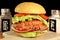 Grilled Cheeseburger on Cutting Board in black background.