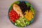 Grilled chicken with avocado, tomatoes, sweet corn, beans and lettuce. Southwestern colorful chicken salad with creamy cilantro dr