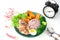 Grilled chicken breast, rice berry, broccoli, boiled egg, pumpkin and carrot. Healthy food on white background. Fitness and Diet