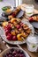Grilled chicken breast and vegetables skewers. Barbeque summer time. Party dinner. Table setting. Bright and vibrant colors.