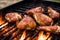 Grilled chicken legs with sweet and sour sauce on a white plate.Grilled sausages , Delicious barbecue ribs. Generative AI