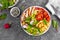 Grilled chicken meat with fresh vegetable salad of tomato, cucumber, radish, lettuce, chard leaves, corn and pasta. Healthy lunch