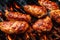 Grilled chicken wings with sweet and sour sauce on a white plate.Grilled sausages , Delicious barbecue ribs. Generative AI