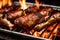Grilled chicken wings with sweet and sour sauce on a white plate.Grilled sausages , Delicious barbecue ribs. Generative AI