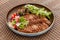 Grilled Chopped T-bone Steak Served with Salad and Vegetables on Beachfront Cafe