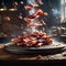 Grilled delicious bacon, Floating in the air, studio lighting and background,