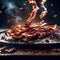 Grilled delicious bacon, Floating in the air, studio lighting and background,