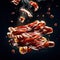 Grilled delicious bacon, Floating in the air, studio lighting and background,