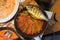 Grilled dorada fish dish on a frying pan, seafood cuisine, gourmet food