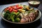 Grilled duck breast with rice, broccoli, tomato and cucumber salad, A close-up image of a healthy, protein-rich meal, AI Generated