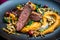 Grilled duck breast with vegetables, mushrooms