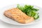 Grilled fillet of salmon on plate with green salad