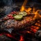 A grilled fish and peppers dish sizzling on a charcoal grill, with smoke rising and flames