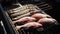 Grilled fish with spices on fire close up. Grilling fish dorado on campfire.