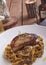 Grilled Foie gras steak with with Fettuccine pasta