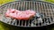 Grilled fresh red piece of steak on hot coals