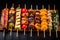 Grilled Fruits Set, Barbecue Fruit Pieces on Wooden Skewers, Vegetarian BBQ