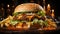 Grilled gourmet cheeseburger on a dark wooden table generated by AI