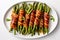 Grilled green asparagus wrapped with bacon. Bacon wrapped roasted green bean bundles in serving platter. Generative AI