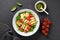 Grilled Halloumi Cheese with Cheery Tomatoes and Pesto with Arugula, Spinach, and Basil, Ketogenic Paleo Diet Lunch