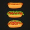 Grilled hot dogs with different ingredients: ketchup, mustard, lettuce, tomato, onion and cucumber on a dark background.