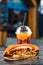 Grilled hot dogs with mustard, ketchup on a picnic table