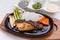 Grilled Japanese Sablefish Steak with Mushroom, Asparagus, Sliced Onion and Carrot with Soy Sauce. Scallion Sauce and Mayonnaise