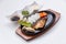 Grilled Japanese Sablefish Steak with Mushroom, Asparagus, Sliced Onion and Carrot with Soy Sauce. Scallion Sauce and Mayonnaise
