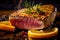 Grilled juicy tuna steak with slices of lemon. Restaurant menu image