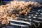 Grilled kebab cooking on metal skewer. Roasted meat cooked at barbecue. BBQ fresh pork meat chop slices. Eastern dish, shish kebab
