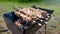 Grilled kebab cooking on metal skewer. Roasted meat cooked at barbecue. Traditional eastern dish, shish kebab. Grill on