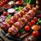 Grilled kebabs with vegetables and spices on a dark, rustic background. The kebabs are well-grilled and surrounded by