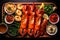 Grilled lobster tails. Seafood platter with a set of lobster tails and shrimps with lemon and different sauces. top view. Lobster