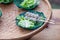 Grilled meat ball with sweet spicy sauce on wood dish. Selective focus. grilled pork meatballs with sweet chili sauce on plate.