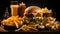 Grilled meat, cheeseburger, fries, and cola perfect fast food meal generated by AI