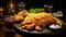 Grilled meat, fries, and drink on wooden table generated by AI