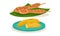 Grilled Meat on Skewer and Fried Bananas as Malaysian Cuisine Dishes Served on Plate Vector Set