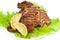 Grilled meat steak with green salad and lemon