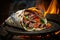 Grilled meat and vegetable shawarma/kebab wrap recipe with flatbread. Cooking kebab wrap on a grill pan. Generative AI