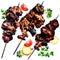 Grilled meat and vegetables, watercolor