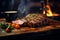Grilled meat on wooden plate with smoke. Tenderloin fillet beef meat Steak. Restaurant menu, cookbook recipe top view